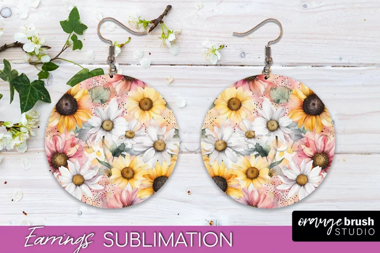 Watercolor Flowers Earrings, Pink Floral Earring Sublimation