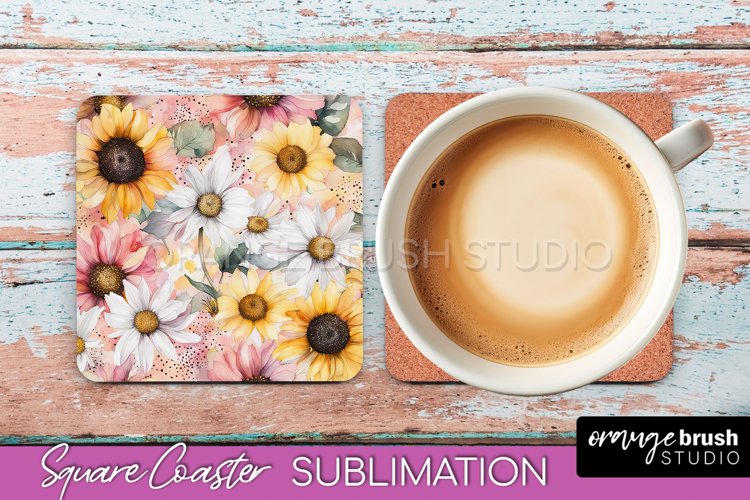 Watercolor Flowers Square Coaster - Floral Pink Sublimation