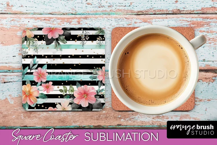 Watercolor Flowers Square Coaster - Floral Pink Sublimation