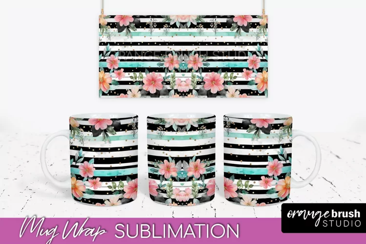 Pink Watercolor Flowers Mug Wrap - Floral Mug Sublimation