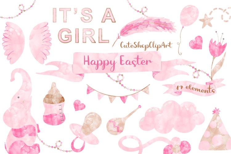 Pink Watercolor Baby birthday PNG clipart example image 1