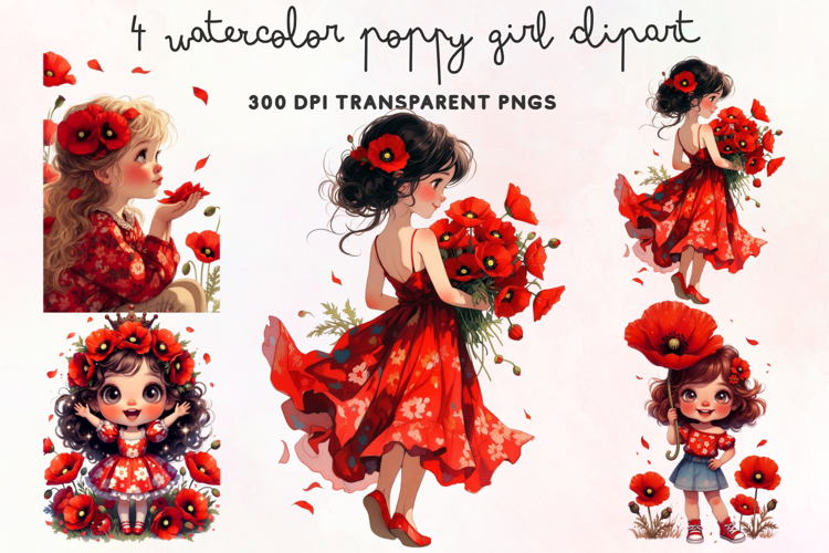 Watercolor Poppy Girl Clipart PNG