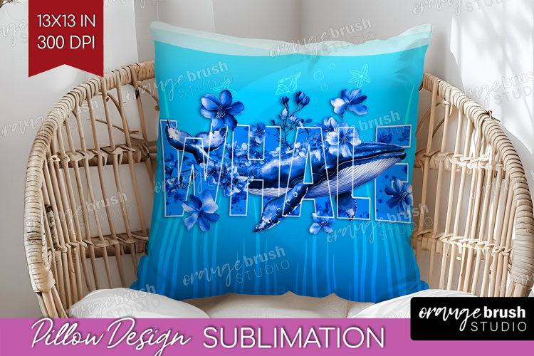 Whale Floral Pillow Sublimation Sea Blue Pillow Cover PNG example image 1