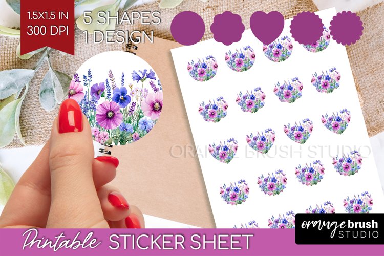 Wildflowers Round Sticker - Watercolor Flowers Printable example image 1