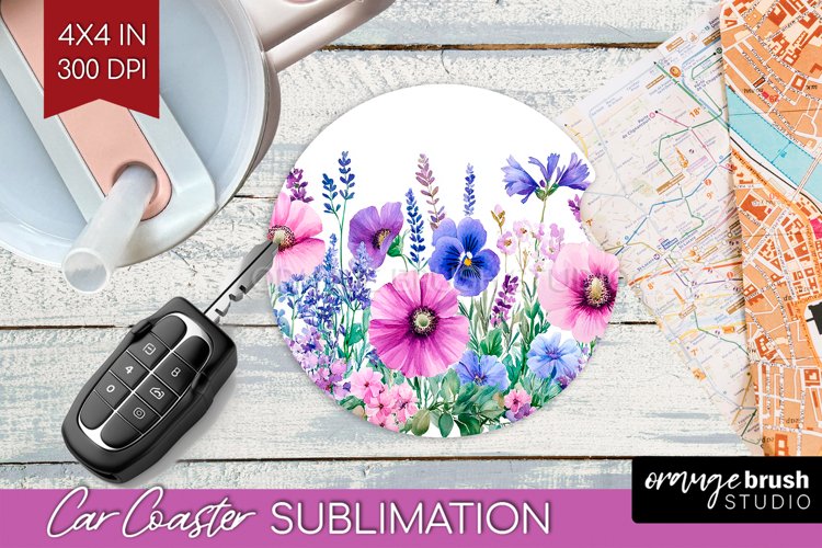 Wildflowers Car Coaster - Watercolor Flowers Coaster PNG