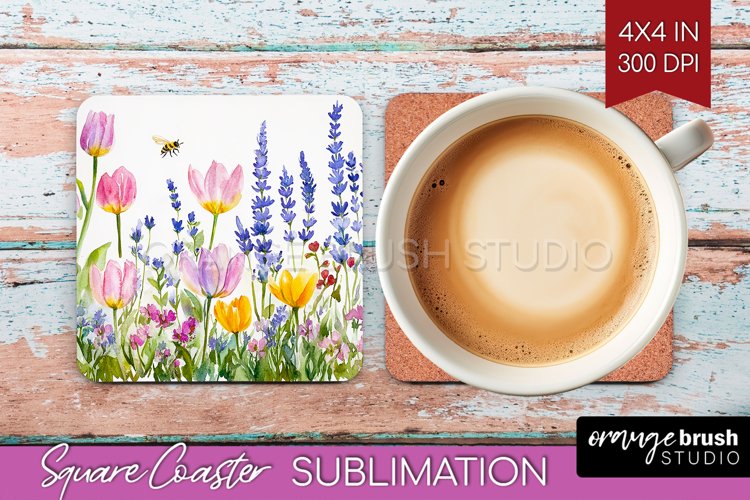 Wildflowers Square Coaster - Watercolor Flowers Coaster PNG