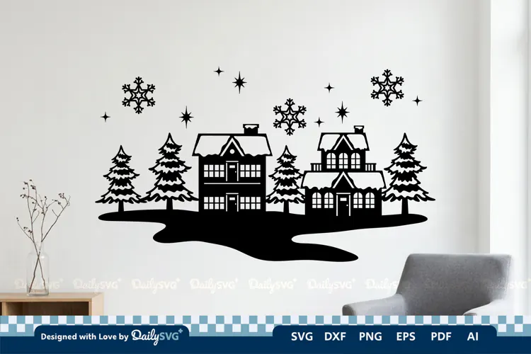 Winter Village Decal SVG | Snowy Christmas Scene Cut File