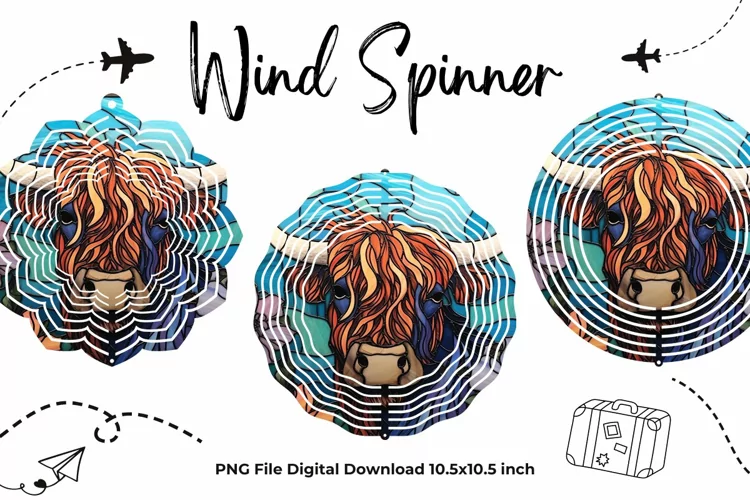 Highland Cow Stained Glass Wind Spinner Template Sublimation