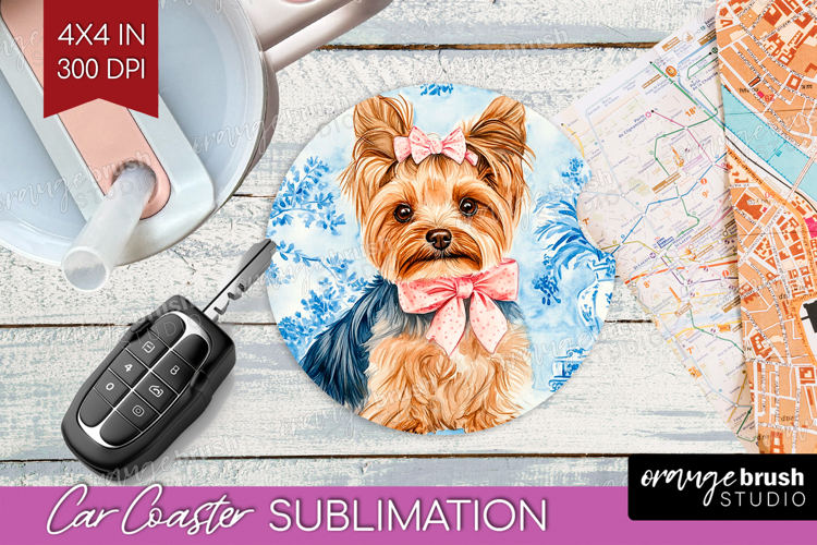 Yorkshire Terrier Dog Car Coaster Blue Toile Coaster PNG example image 1