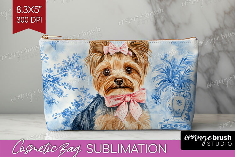 Yorkshire Terrier Dog Cosmetic Bag Blue Toile Makeup Bag PNG