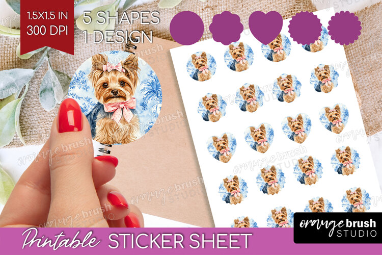 Yorkshire Terrier Dog Round Sticker Blue Toile Printable example image 1
