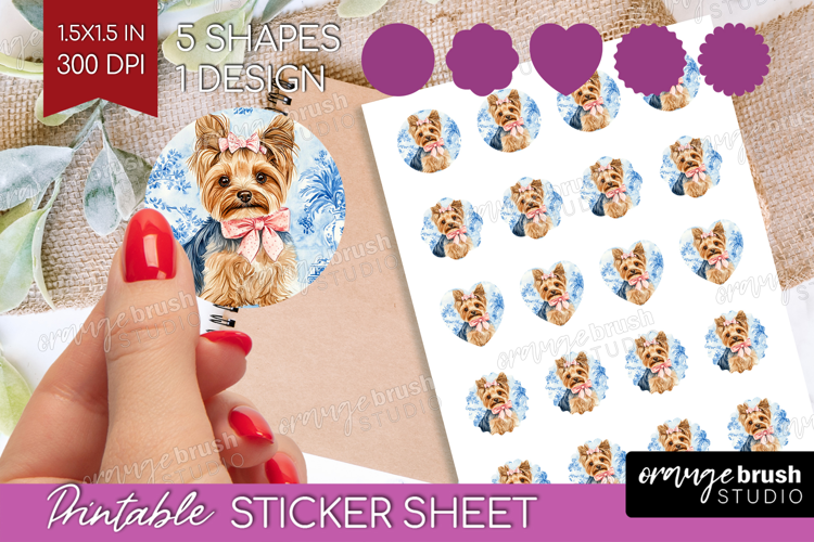 Yorkshire Terrier Dog Round Sticker Blue Toile Printable