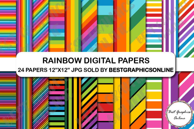 24 Rainbow Stripes Digital Papers Set, Unicorn Rainbow Paper