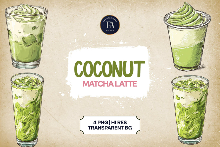 Coconut Matcha Latte Clipart Bundle 4 PNG