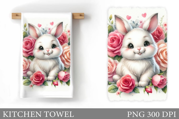 Cute Bunny Kitchen Towel. Flowers Kitchen Towel Sublimation example image 1