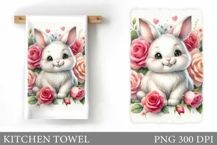Cute Bunny Kitchen Towel. Flowers Kitchen Towel Sublimation