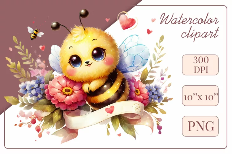 Watercolor Clipart Little Bee, Flower Sublimation Design Png