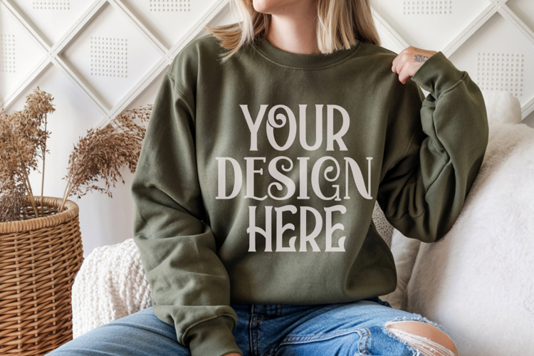 Military Green Gildan 18000 Mockup, Sweatshirt Crewneck Mock