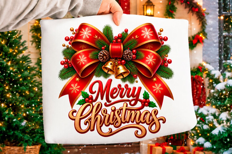 Merry Christmas bow and holly festive typography design example image 1