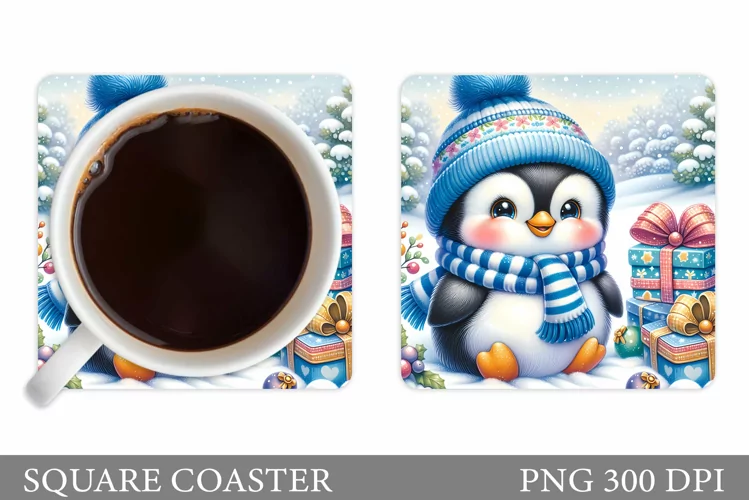 Cute Penguin Coaster Sublimation. Christmas Coaster Design
