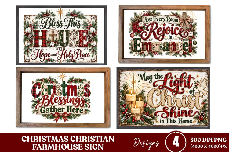 4 Christian Christmas Farmhouse Sign PNGs, 4 Rustic Christma