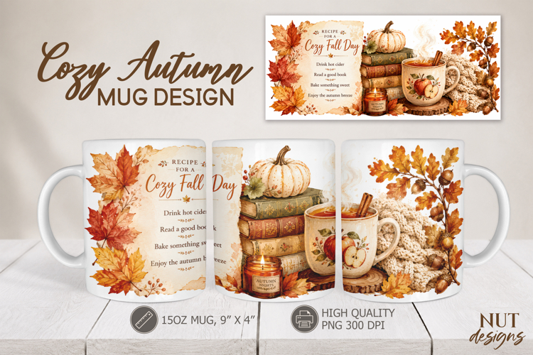 Cozy Fall Day Mug Wrap sublimation Hygge Autumn mug 15 oz