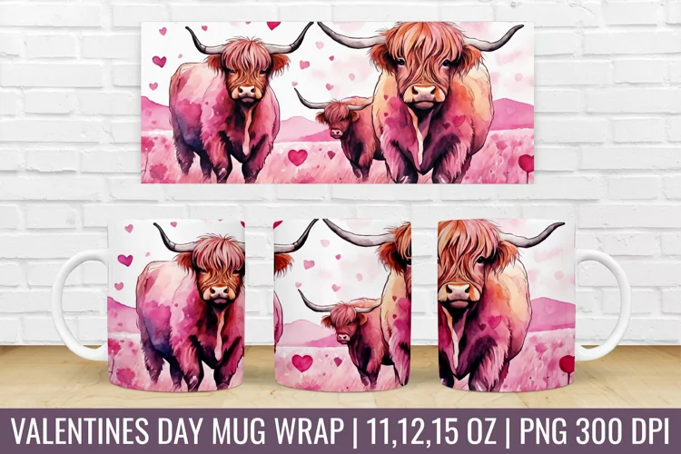 Valentines Day Highland Cow Mug Wrap|Mug Watercolor Design