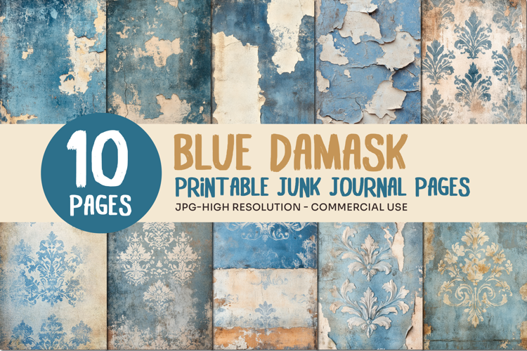 Blue Damask Junk Journal Pages