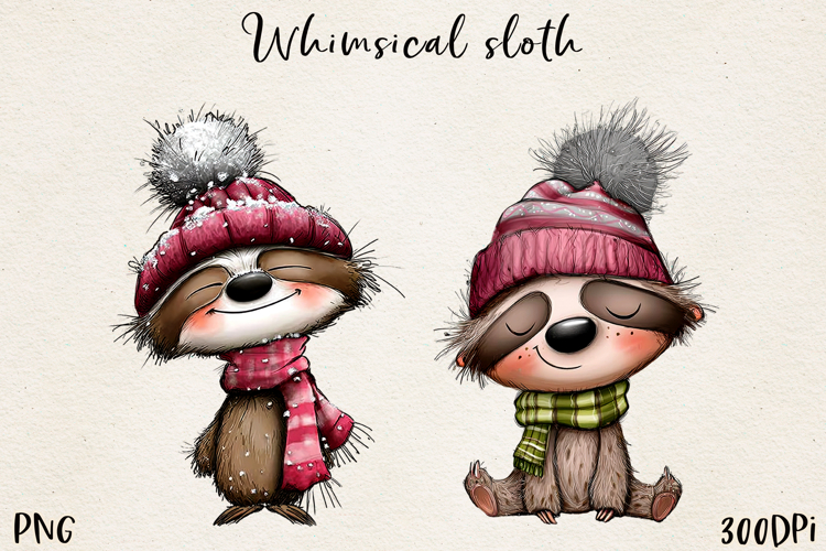 Whimsical Winter Sloths | Cute Cozy Sloth Clipart PNG