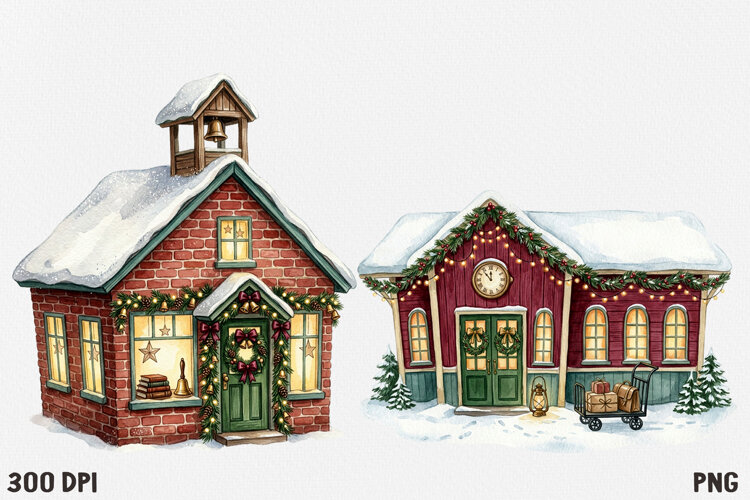 Christmas Village Watercolor Clipart PNG, Whimsical Holiday example image 1