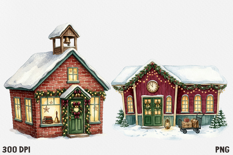 Christmas Village Watercolor Clipart PNG, Whimsical Holiday