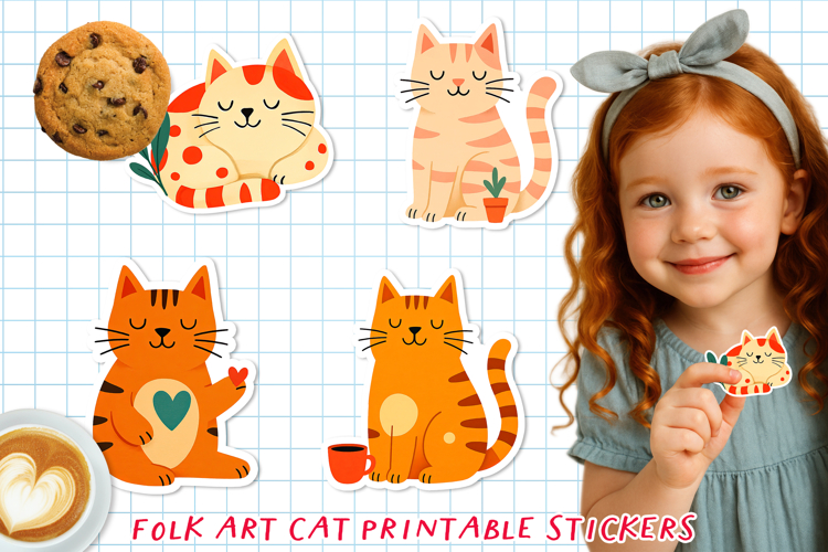 Cute & Funny Folk Art Cat Printable Stickers, PNG