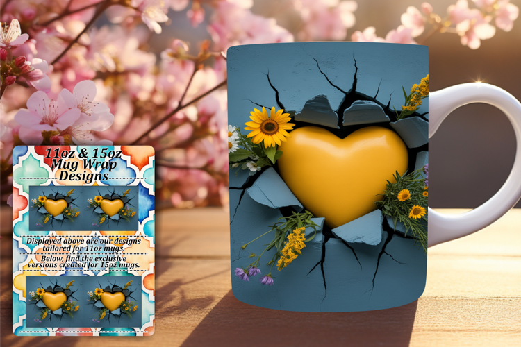 Trendy 11oz Mug Wrap Png Design , 3D Heart
