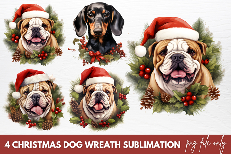 Christmas Dog Wreath Sublimation Clipart