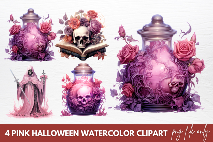 Pink Halloween Watercolor Clipart