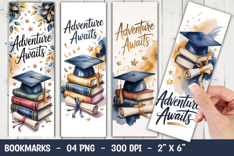 Adventure Awaits Watercolor Gradution Cap Bookmark example image 1