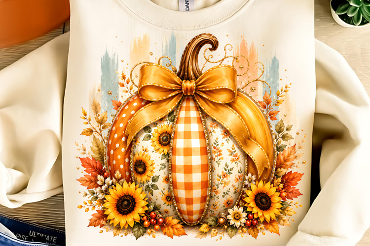 Coquette Patchwork Fall Pumpkin PNG, Autumn Pumpkin PNG