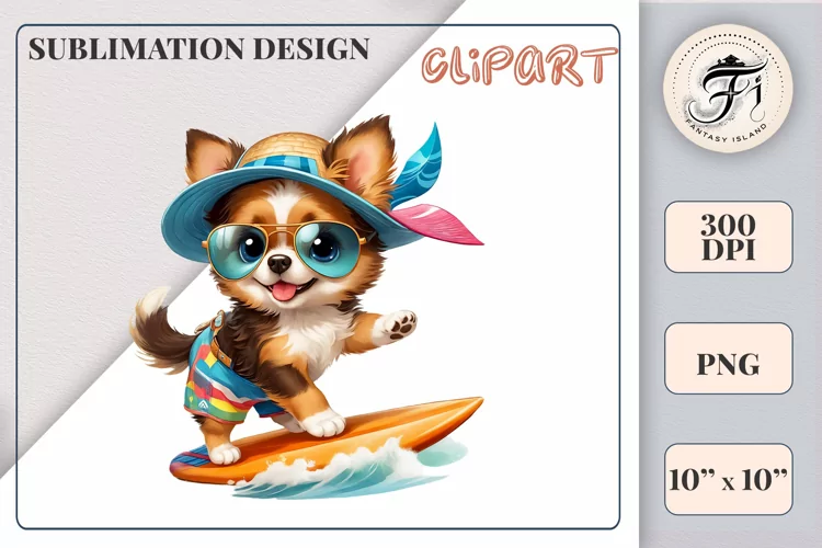 Cute Dog Surfer Clipart | Ocean Sublimation Design| Png