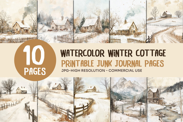 Watercolor Winter Cottage Junk Journal Pages example image 1