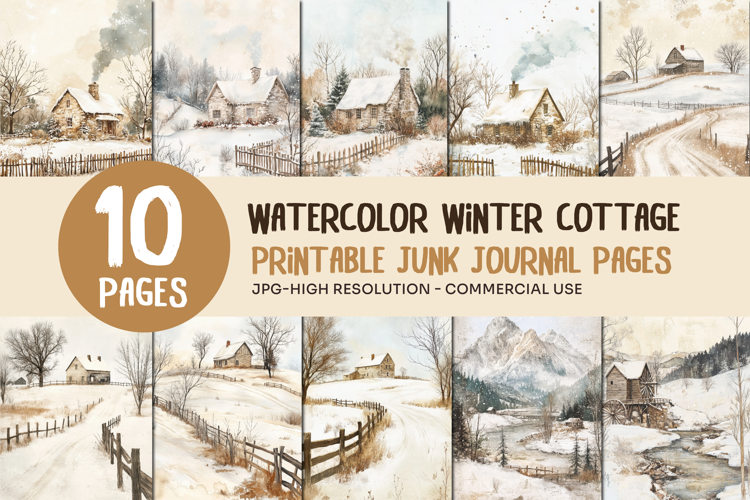 Watercolor Winter Cottage Junk Journal Pages