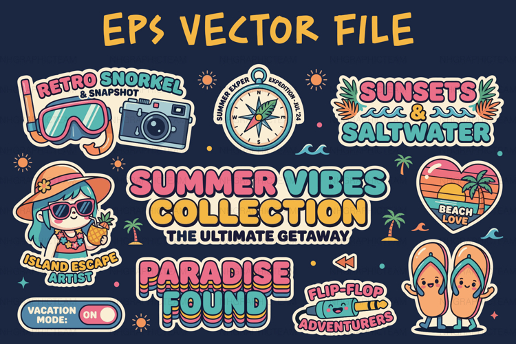 Retro Summer Vibes Sticker Bundle for Beach EPS Pack