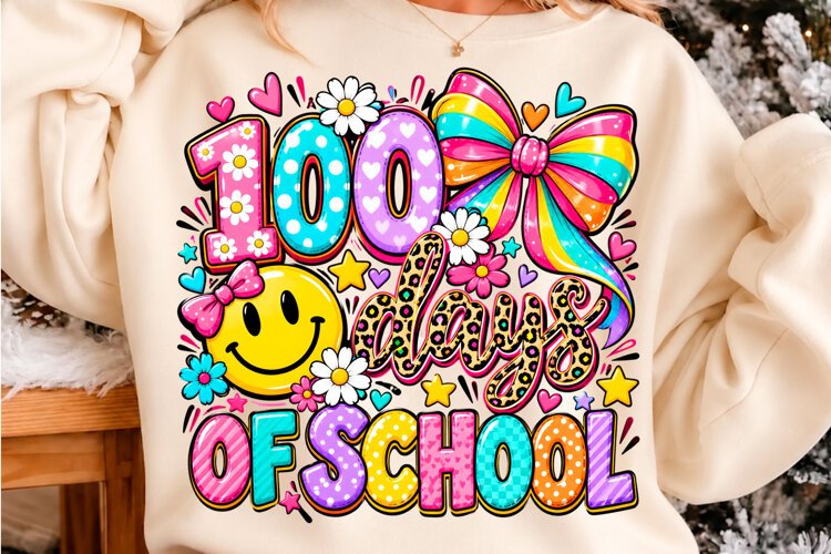 100 Days of School Smiley Rainbow Bow PNG example image 1
