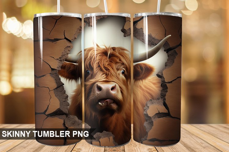 3D Highland Cow Cracked Hole PNG Tumbler Design