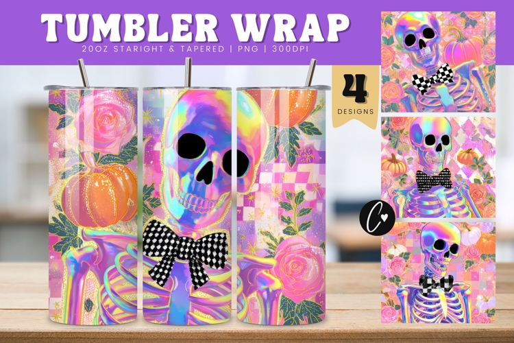Iridescent Halloween Skeleton Tumbler Wraps PNG