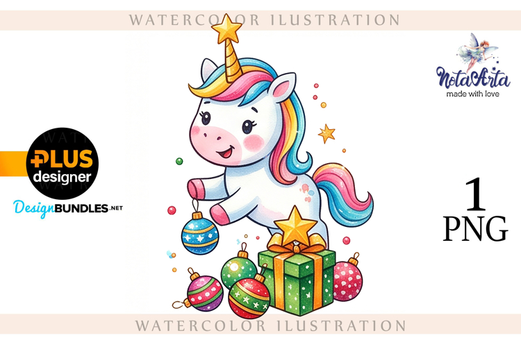 Christmas Unicorn Watercolor Illustration