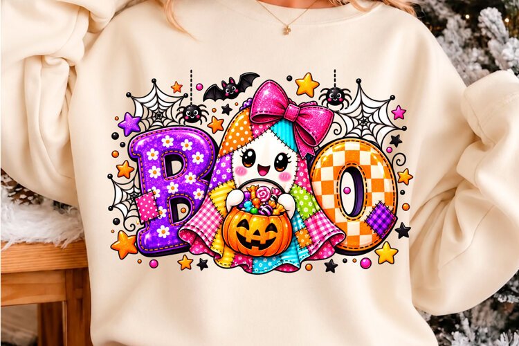 Cute BOO Patchwork Ghost Halloween PNG example image 1