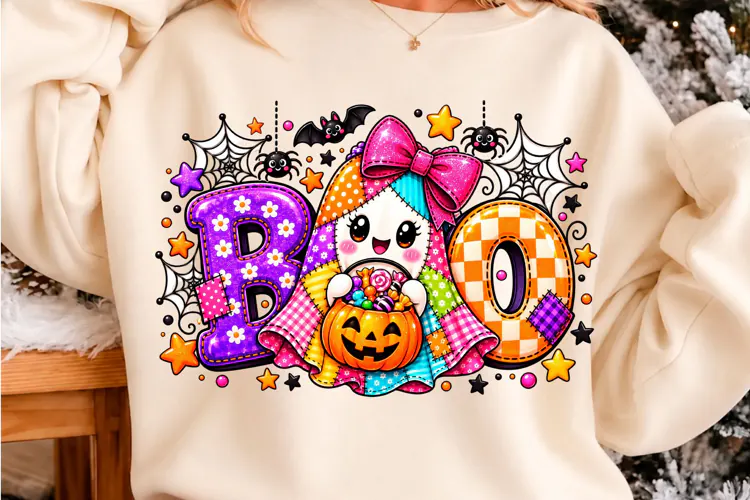Cute BOO Patchwork Ghost Halloween PNG