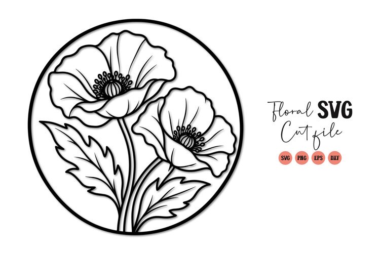 Poppy Flower Circle Line Art SVG PNG example image 1