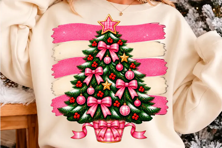 Pink Christmas Tree T-Shirt Design Cute Holiday Bow