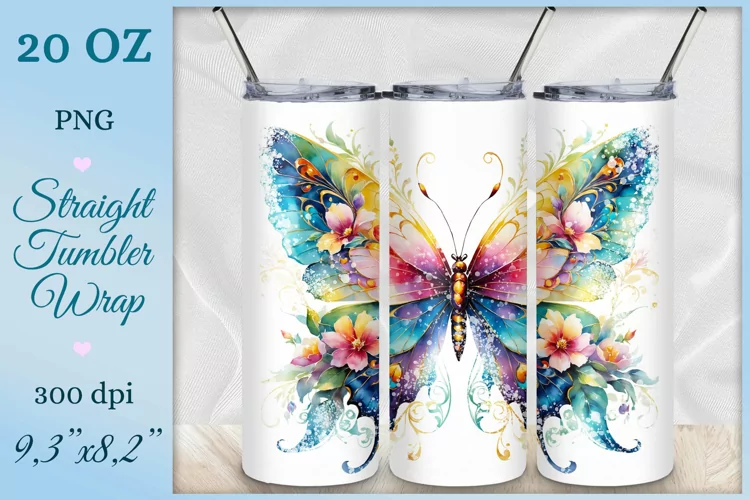 Watercolor Butterfly Tumbler Wrap, Sublimation Design, Png